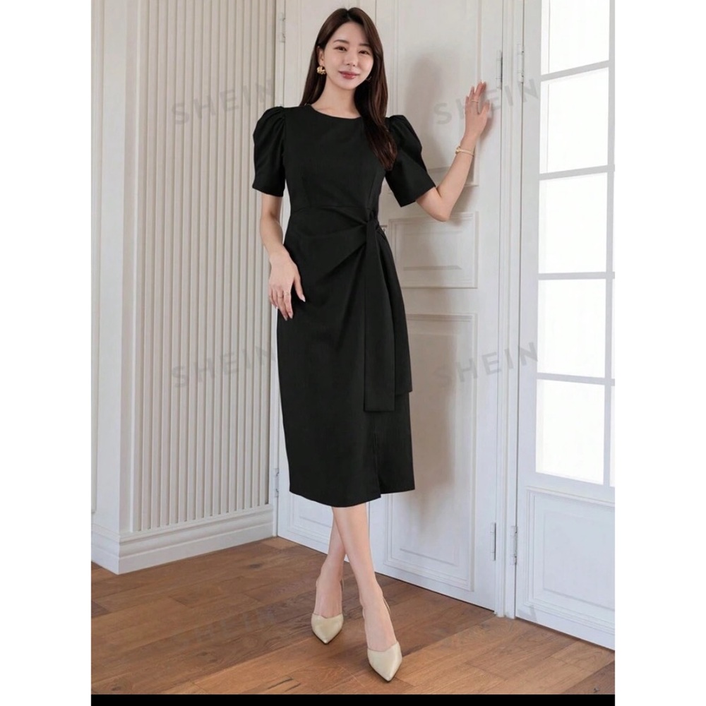 Women solid  color bubble sleeves